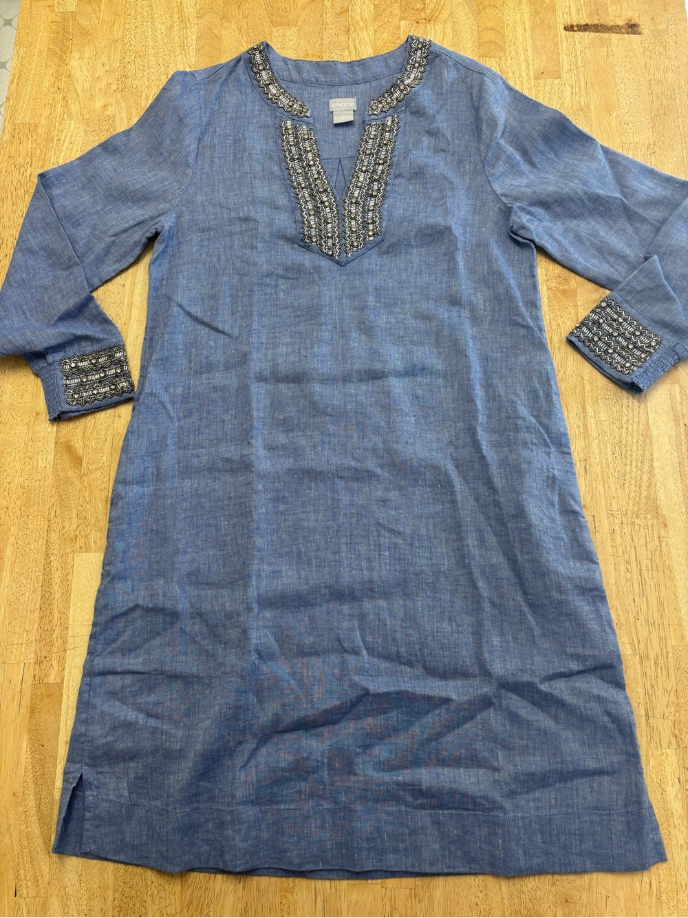 Chico's Blue Embellished Long Sleeve Tunic Dress